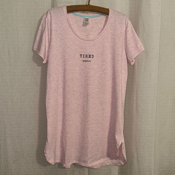 love to lounge 10-12 Crewneck Pink Heather Gray Striped “TIRED adjective” Tee - Picture 1 of 10
